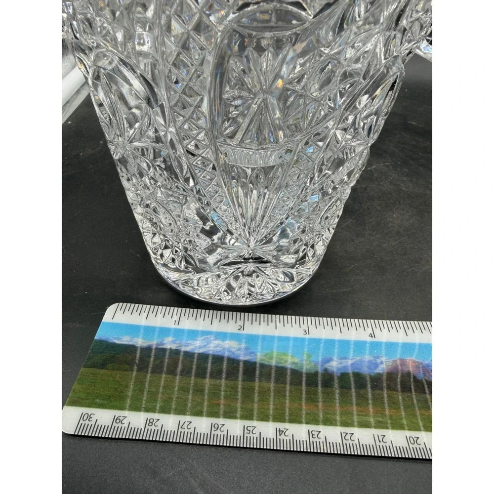 Vintage Cut Crystal Ice Bucket Pinwheel Starburst Scalloped Rim Glass Handles